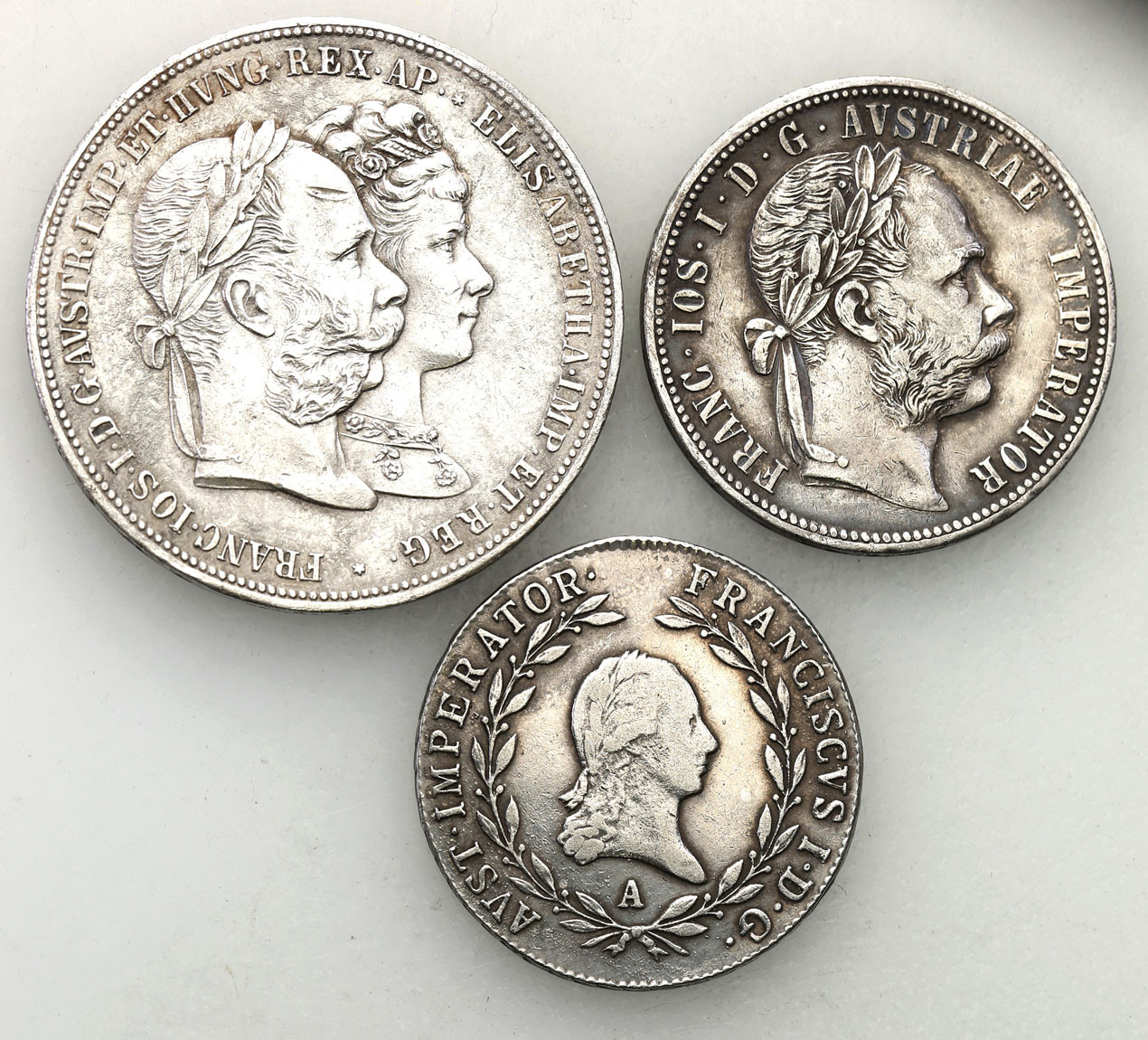 Austria. 2 guldeny 1879, floren 1878, 20 krajcarów 1817, zestaw 3 monet